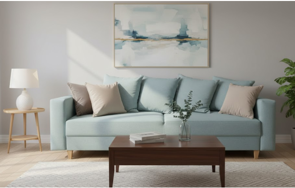 Sofa Kristi I błękitna na sprężynach z funkcją spania i pojemnikiem